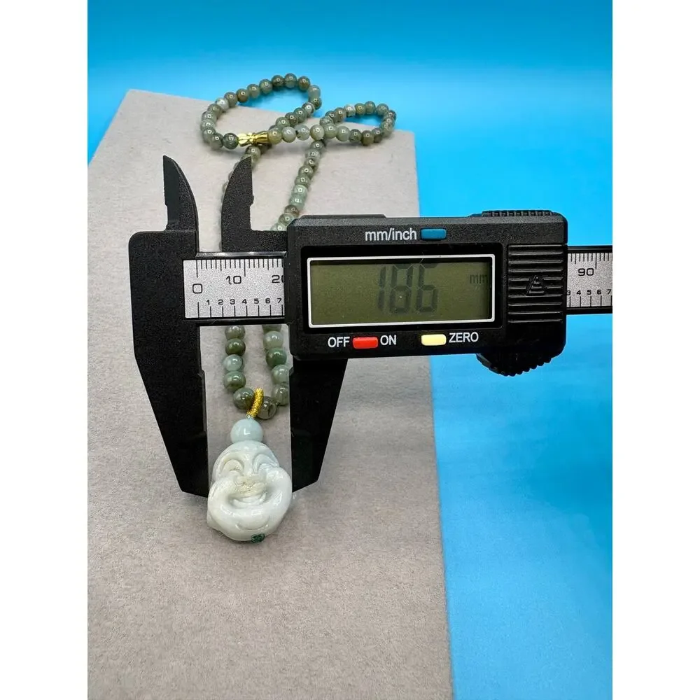 Natural Jadite Jade Beaded Necklace & Buddha Charm w/ Cert